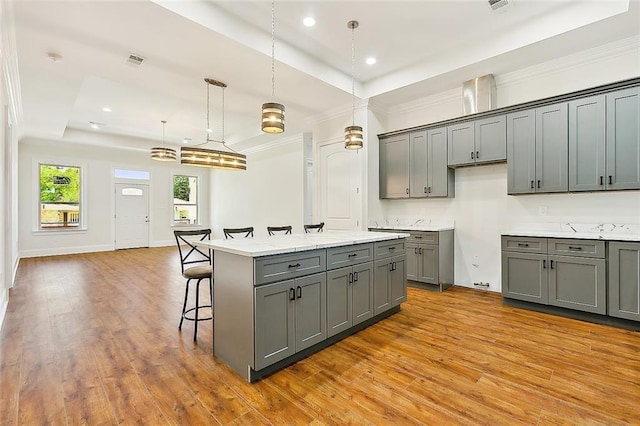 kitchen featuring a breakfast bar, wood finished floors, gray cabinets, a center island, and a raised ceiling