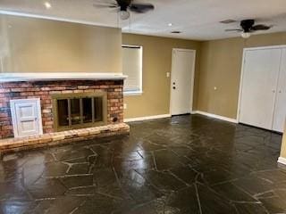 unfurnished living room with ceiling fan and a fireplace