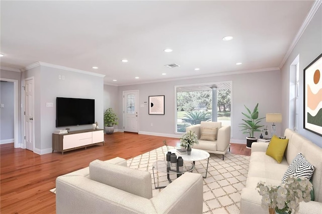 living room featuring light hardwood / wood-style flooring and ornamental molding