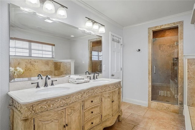 bathroom with tile patterned flooring, a shower with shower door, ornamental molding, and vanity