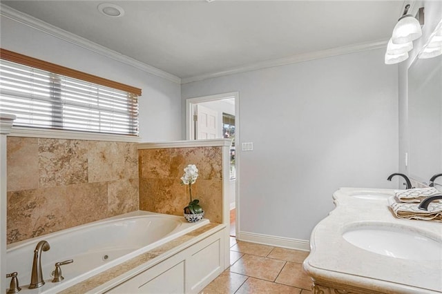 bathroom with tile patterned flooring, a bath, vanity, and ornamental molding