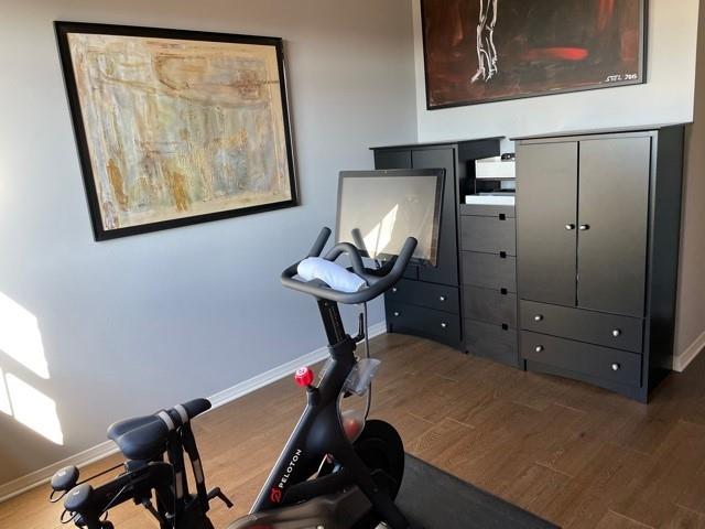 workout area featuring dark hardwood / wood-style floors