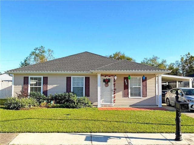 view of front of property featuring a front lawn and a carport