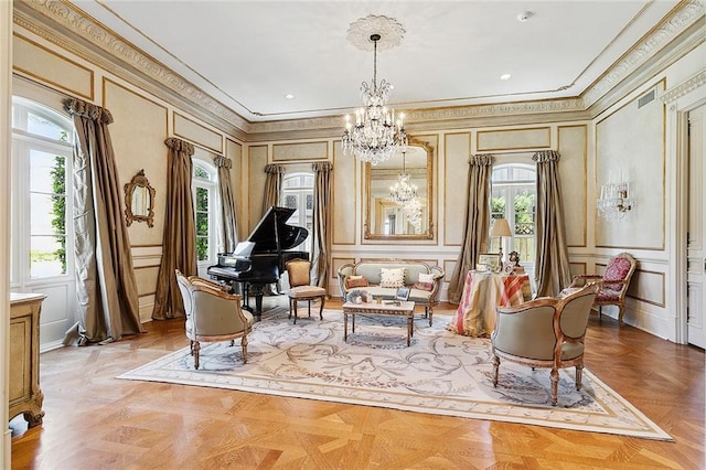 3832 Edenborn Ave, Metairie, LA 70002 - sitting room featuring a decorative wall, ornamental molding, a chandelier, and recessed lighting