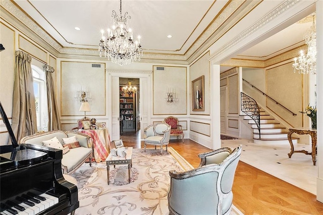 3832 Edenborn Ave, Metairie, LA 70002 - living area featuring a decorative wall, a chandelier, ornamental molding, and stairway