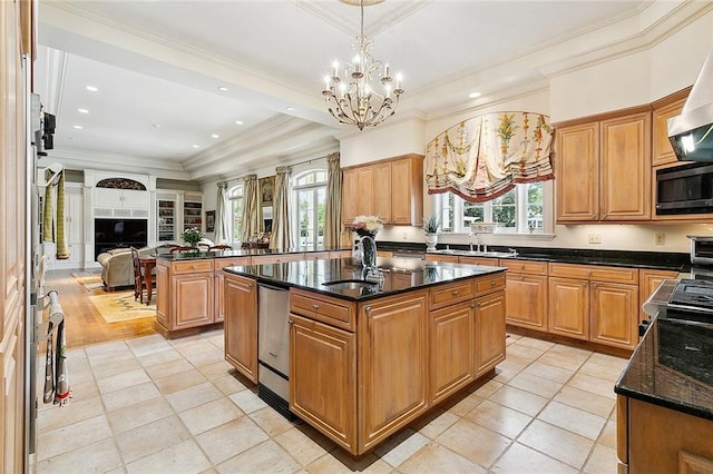3832 Edenborn Ave, Metairie, LA 70002 - kitchen with a sink, black microwave, a chandelier, open floor plan, and crown molding