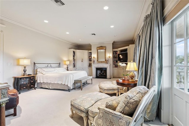 3832 Edenborn Ave, Metairie, LA 70002 - carpeted bedroom featuring ornamental molding, recessed lighting, and a fireplace