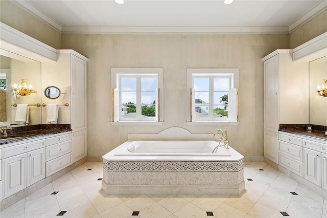 3832 Edenborn Ave, Metairie, LA 70002 - full bath featuring vanity, a garden tub, tile patterned flooring, and crown molding
