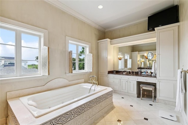 3832 Edenborn Ave, Metairie, LA 70002 - full bath featuring vanity, a tub with jets, crown molding, and tile patterned floors