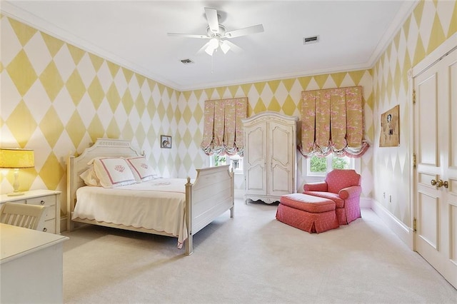 3832 Edenborn Ave, Metairie, LA 70002 - bedroom featuring wallpapered walls, crown molding, light carpet, and ceiling fan