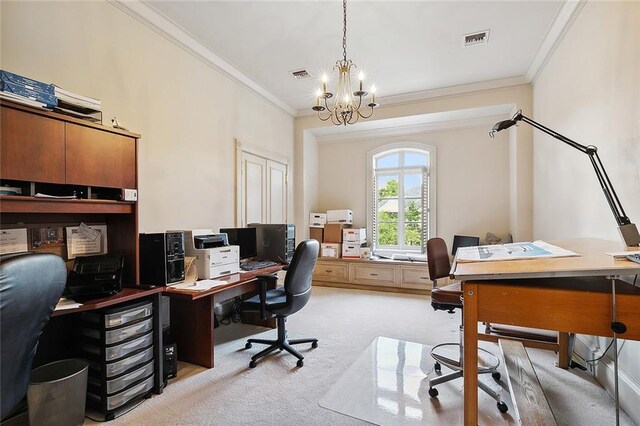 3832 Edenborn Ave, Metairie, LA 70002 - office featuring light colored carpet, crown molding, and a chandelier