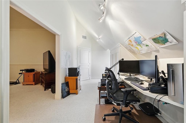 3832 Edenborn Ave, Metairie, LA 70002 - home office featuring wainscoting, vaulted ceiling, and carpet flooring