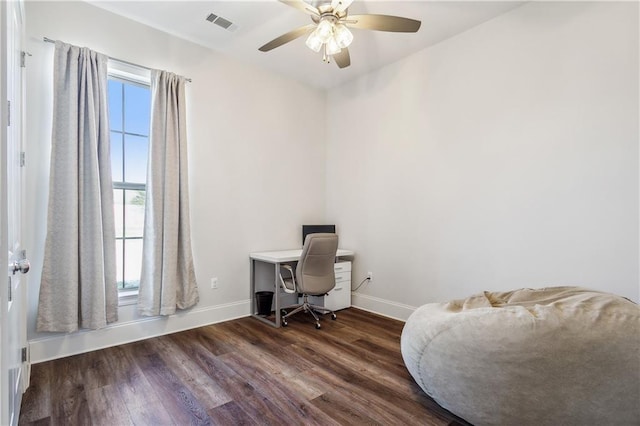 office featuring ceiling fan and dark hardwood / wood-style flooring