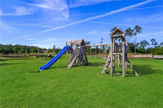 view of jungle gym with a yard