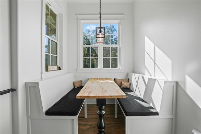 dining space featuring dark hardwood / wood-style floors and breakfast area