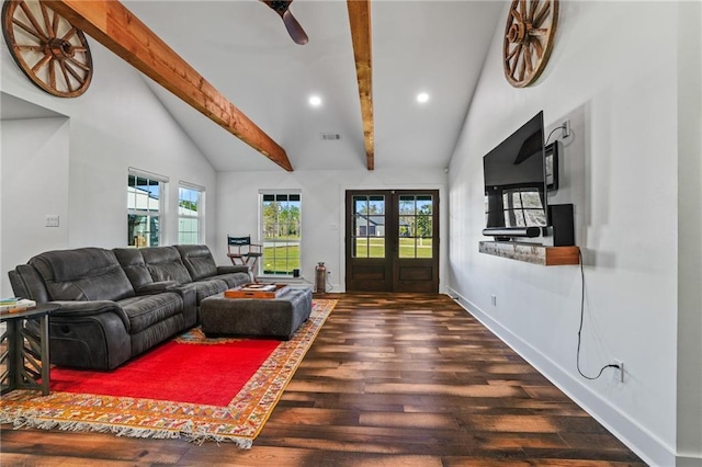 living room with dark hardwood / wood-style flooring, vaulted ceiling with beams, french doors, and ceiling fan