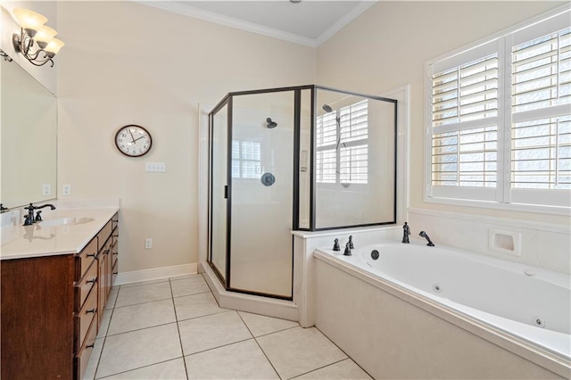 bathroom with shower with separate bathtub, vanity, tile patterned floors, and ornamental molding