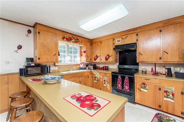 kitchen with a kitchen breakfast bar, kitchen peninsula, sink, and black appliances