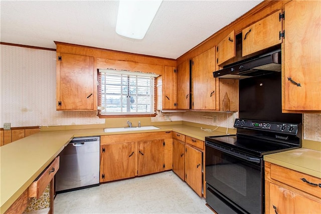 kitchen with black electric range, a sink, under cabinet range hood, wallpapered walls, and dishwasher