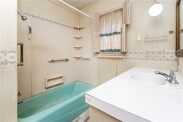 bathroom with vanity and  shower combination