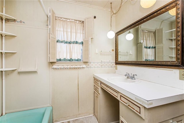 full bath with a shower with shower curtain, tile patterned floors, vanity, and crown molding