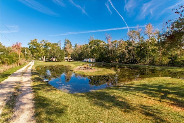 view of home's community with a lawn and a water view