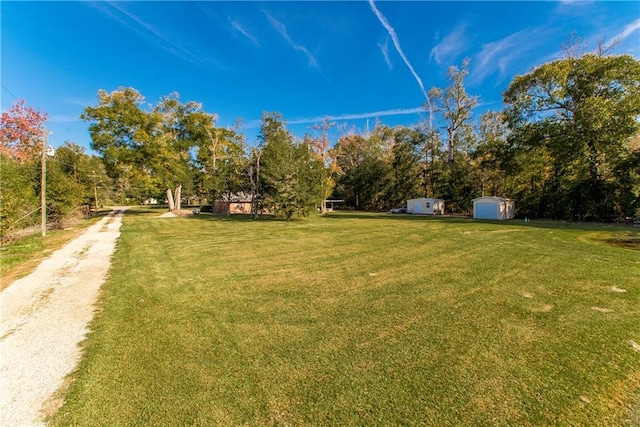 view of yard featuring an outdoor structure, a storage unit, and driveway