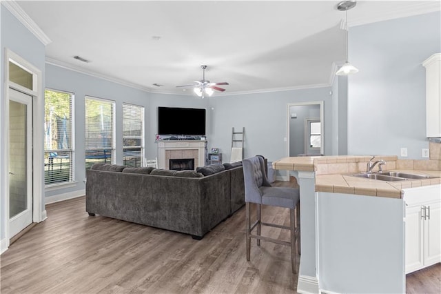 living room featuring ceiling fan, sink, crown molding, wood-type flooring, and a tiled fireplace