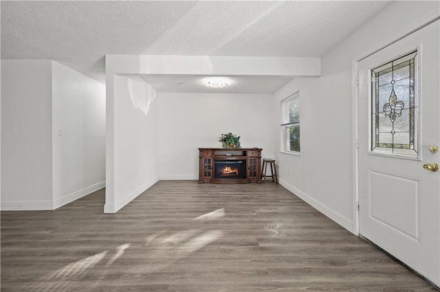 entrance foyer with dark wood-type flooring, a healthy amount of sunlight, and a textured ceiling