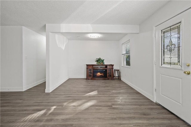 1492 W Hall Ave, Slidell, LA 70460 - foyer entrance with wood finished floors, baseboards, a textured ceiling, and a warm lit fireplace