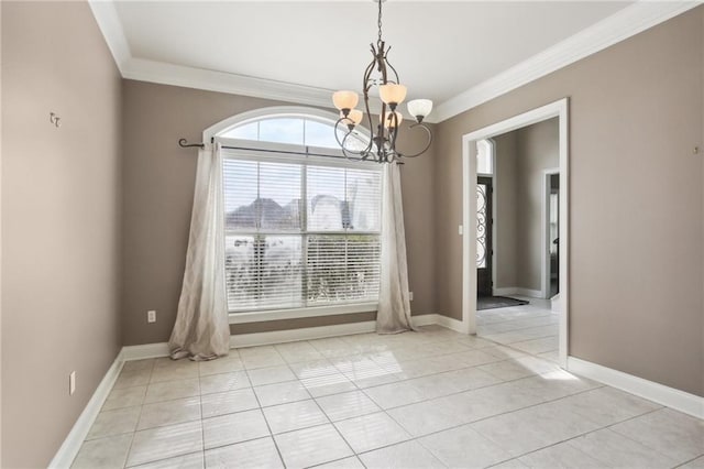 unfurnished dining area featuring an inviting chandelier, ornamental molding, and light tile patterned flooring