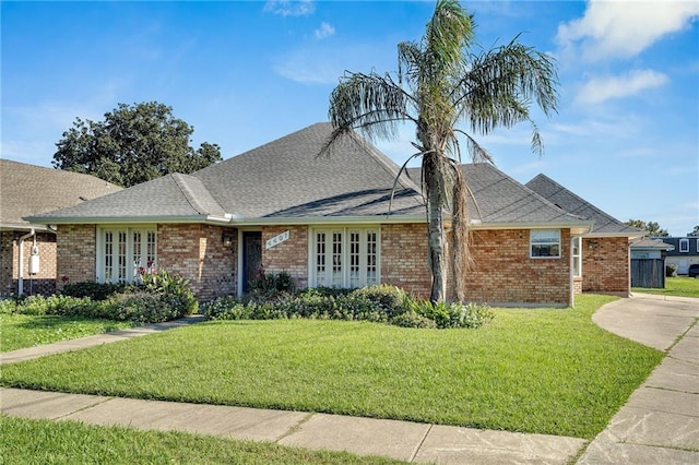 single story home featuring a front yard and french doors