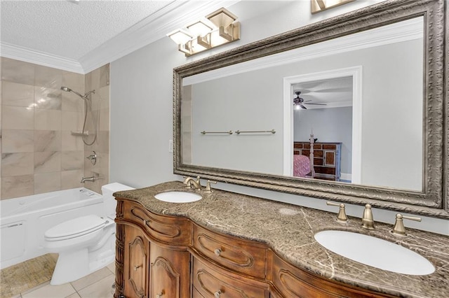 full bathroom featuring ornamental molding, a textured ceiling, tiled shower / bath combo, ceiling fan, and tile patterned flooring