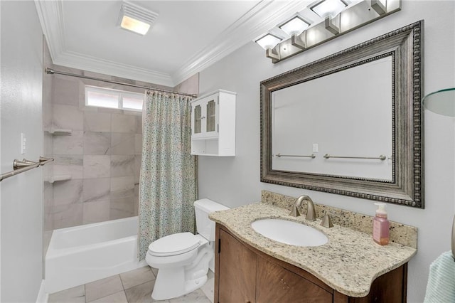 full bathroom with vanity, tile patterned floors, crown molding, toilet, and shower / tub combo