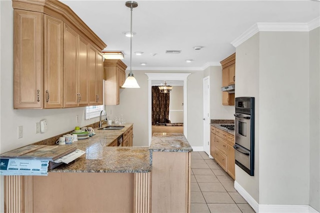 kitchen with kitchen peninsula, ornamental molding, sink, pendant lighting, and light tile patterned flooring