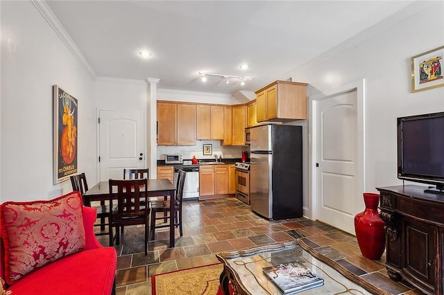 kitchen featuring track lighting, ornamental molding, stainless steel appliances, sink, and light brown cabinets