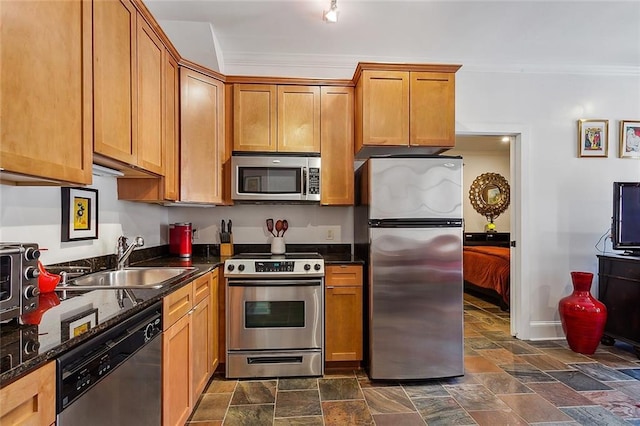 kitchen with appliances with stainless steel finishes, crown molding, and sink