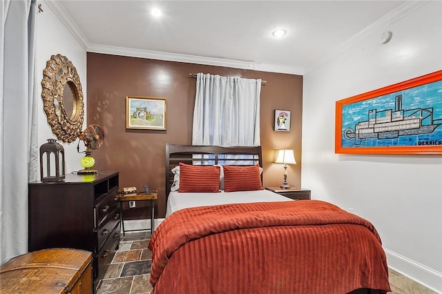 bedroom with crown molding