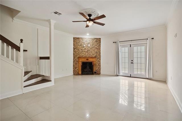 unfurnished living room featuring french doors, ceiling fan, ornamental molding, and light tile patterned flooring