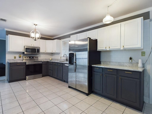 kitchen featuring appliances with stainless steel finishes, decorative light fixtures, white cabinetry, and sink