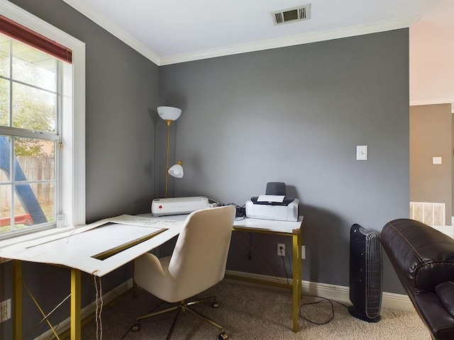 office area featuring carpet flooring, crown molding, and plenty of natural light