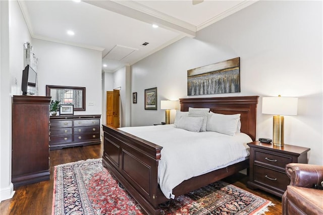 bedroom featuring beamed ceiling, ornamental molding, and dark wood-type flooring