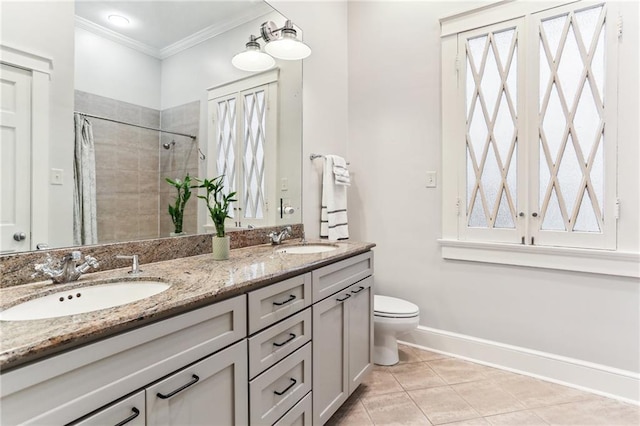 bathroom with walk in shower, tile patterned flooring, crown molding, toilet, and vanity