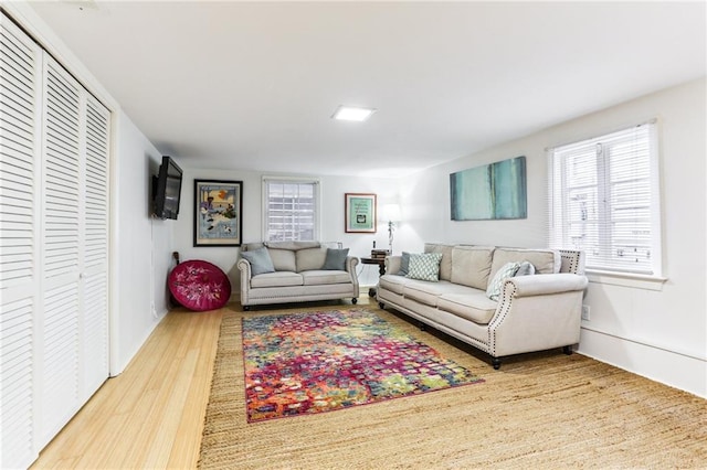 living room with plenty of natural light and wood-type flooring