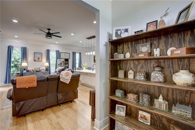 living room featuring ceiling fan, ornamental molding, and light wood-type flooring