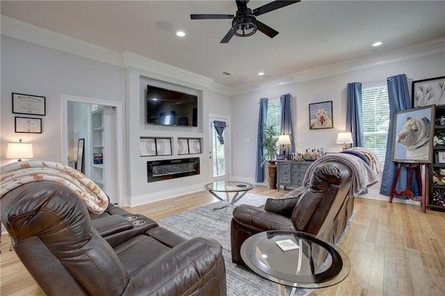 living room with ceiling fan, crown molding, and light hardwood / wood-style flooring