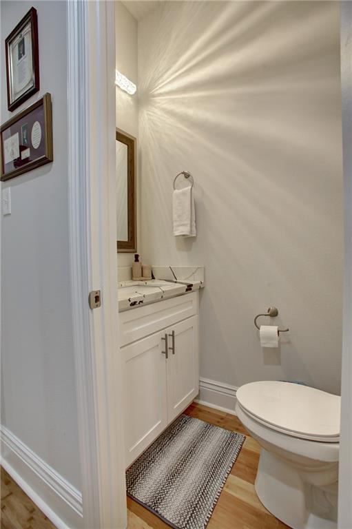 bathroom featuring hardwood / wood-style floors, vanity, and toilet