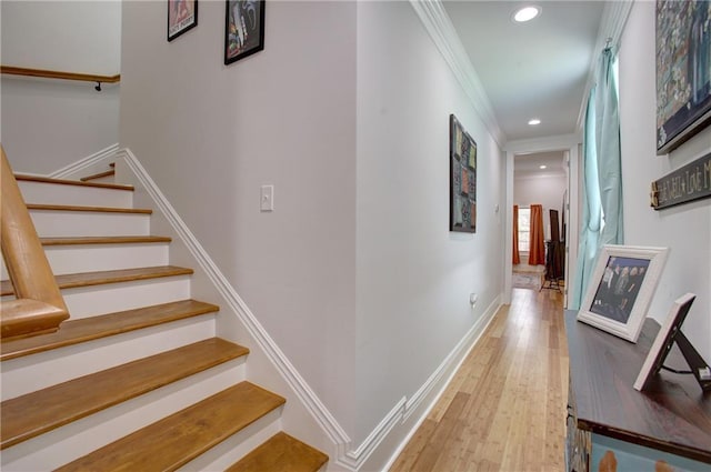 corridor with crown molding and wood-type flooring