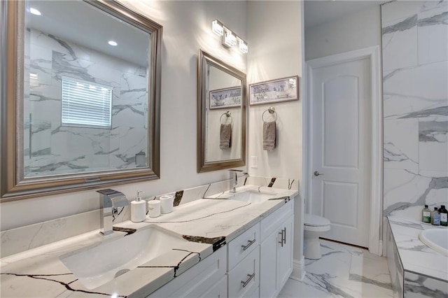 bathroom with a washtub, vanity, and toilet