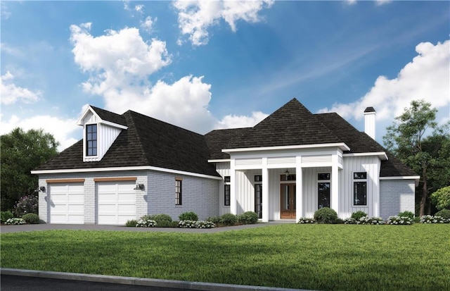 view of front of home featuring a front lawn, covered porch, and a garage